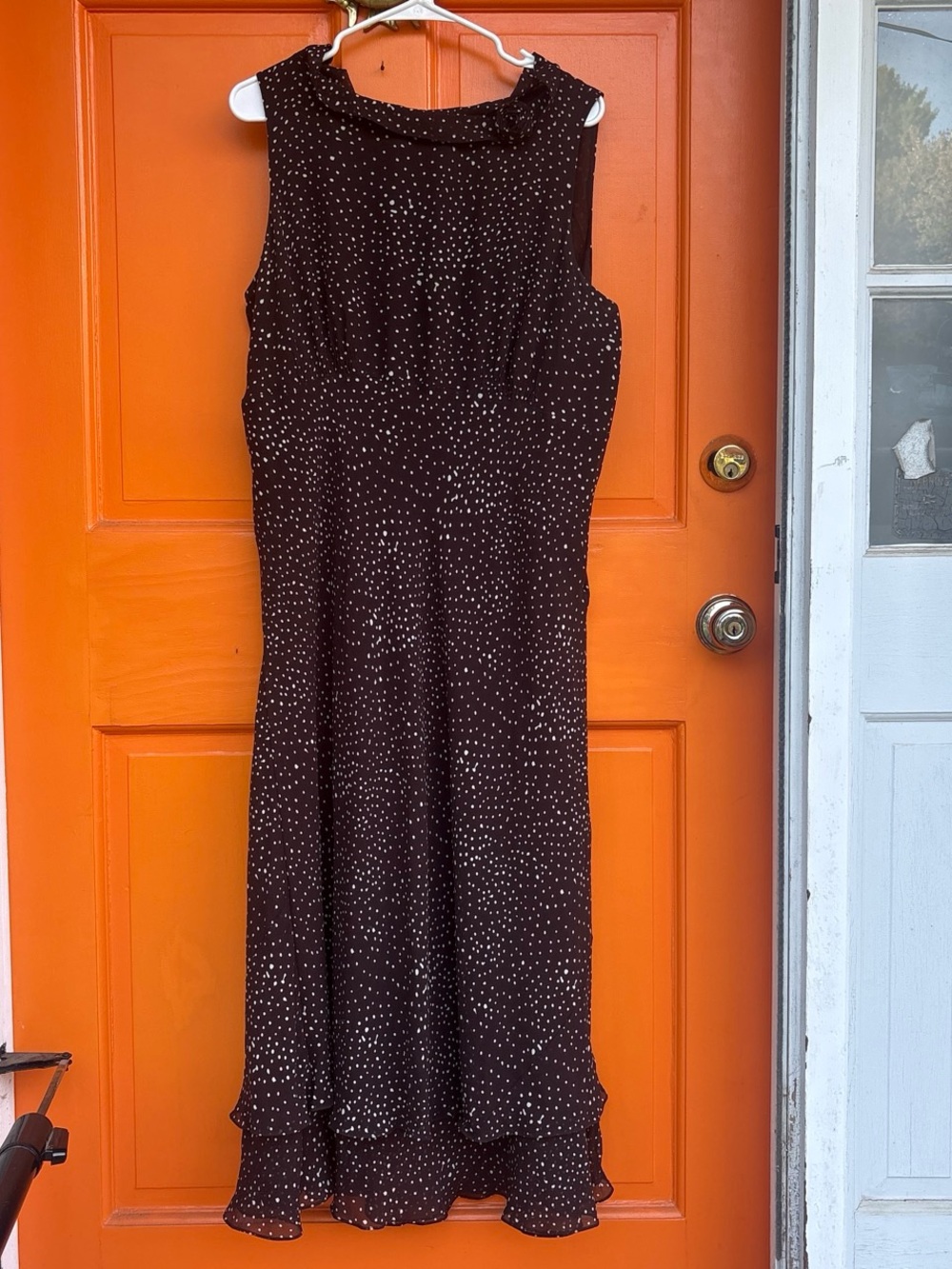 100% Silk Brown Polka Dot Maxi Dress with Ruffle Hem